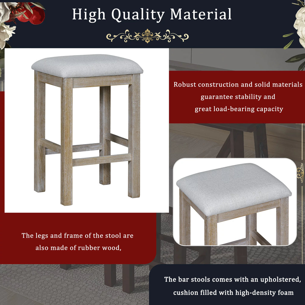 Natural Wood Wash Dining Bar Table Set with 3 Upholstered Stools Z717