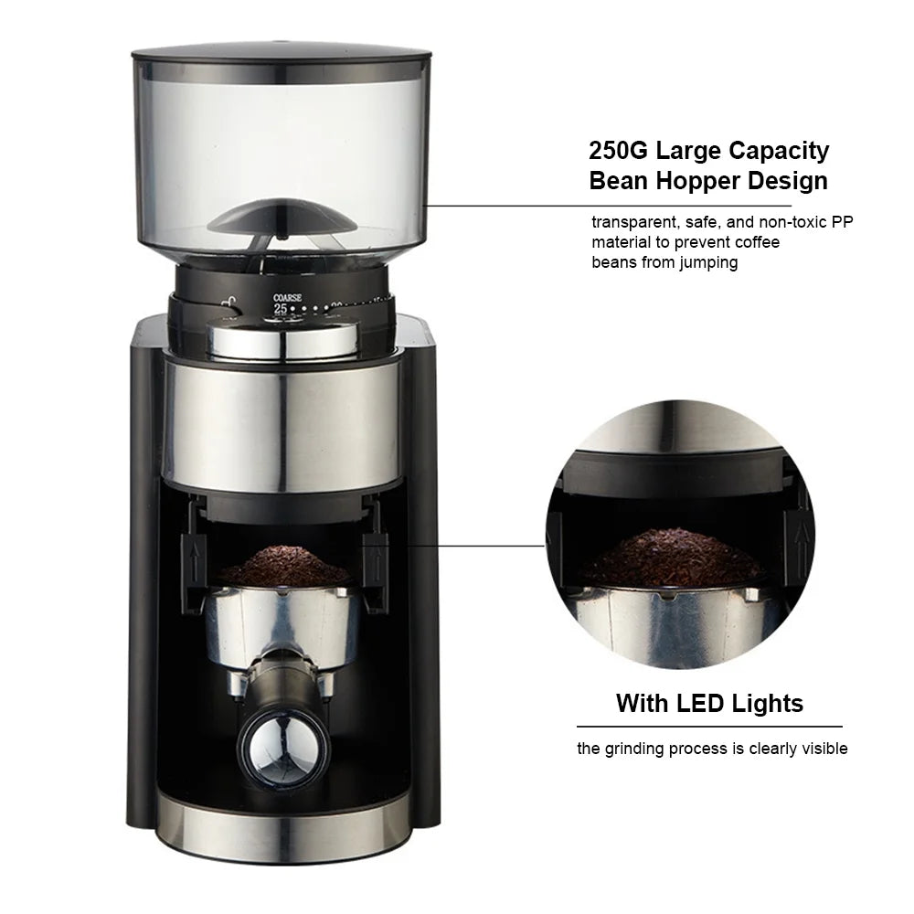 Black Adjustable Electric Burr Coffee Grinder with 25 Grind Settings O62866