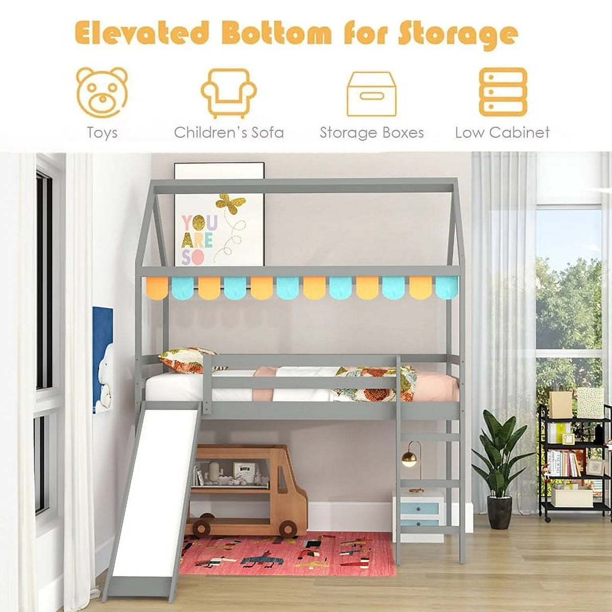 Twin Wood Loft Bed with Slide and Ladder S56243