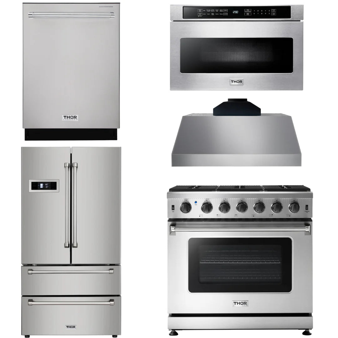 36 Propane Gas Range, Range Hood, Microwave, Refrigerator, Dishwasher E118017