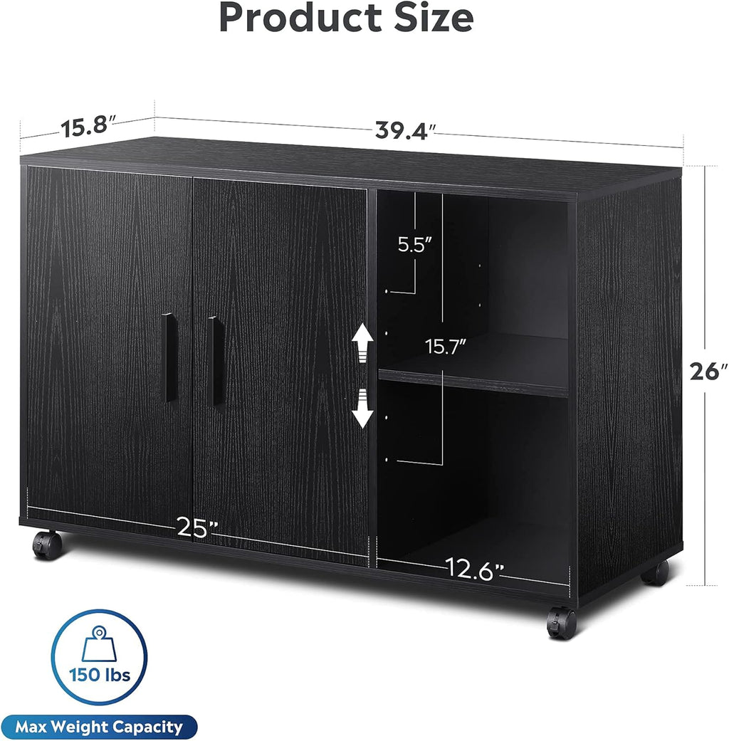 Black Wood Rolling File Cabinet with Dual Doors C245
