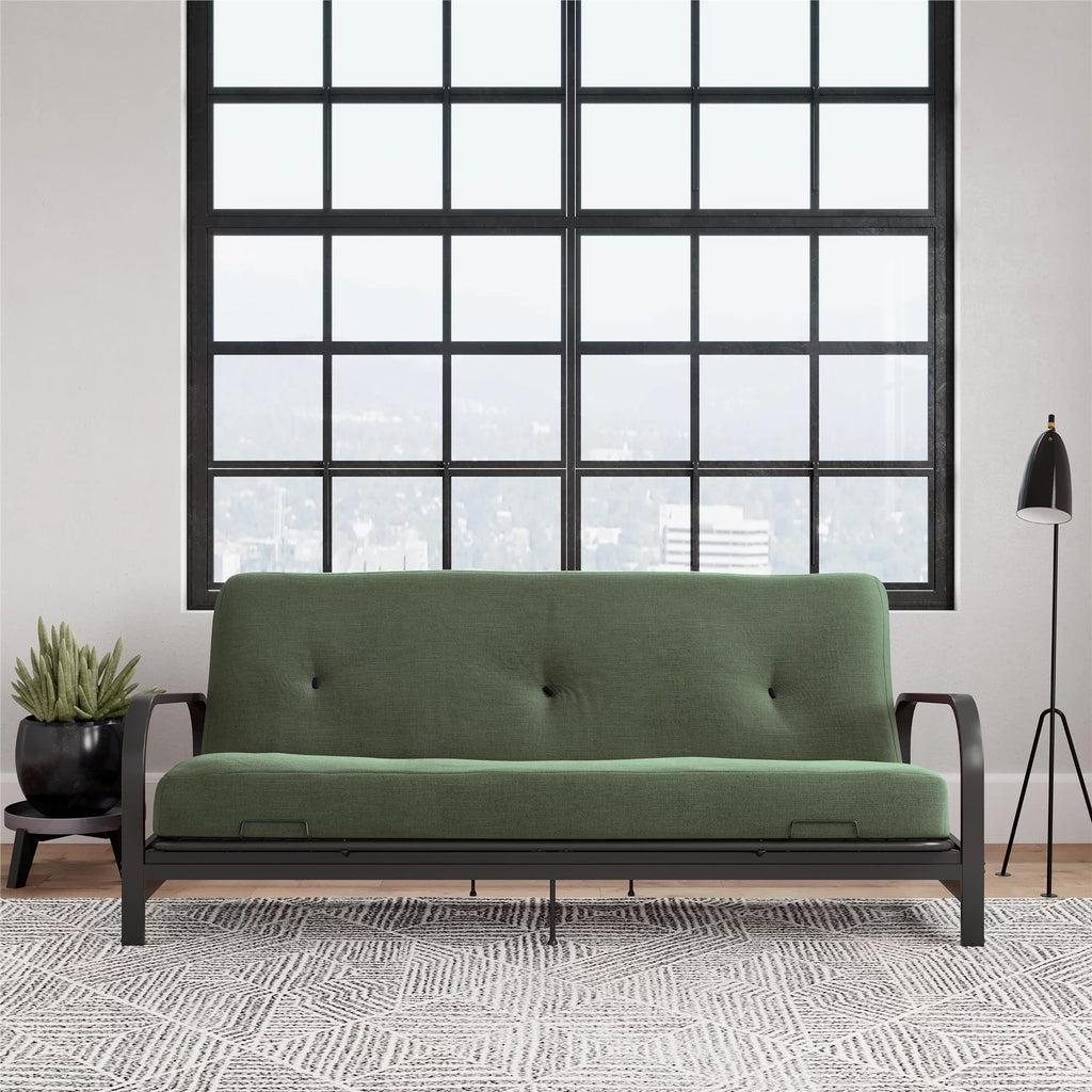 Army Green Full Size Futon Set with Black Metal Sofa Bed Frame and 6" Mattress S9438