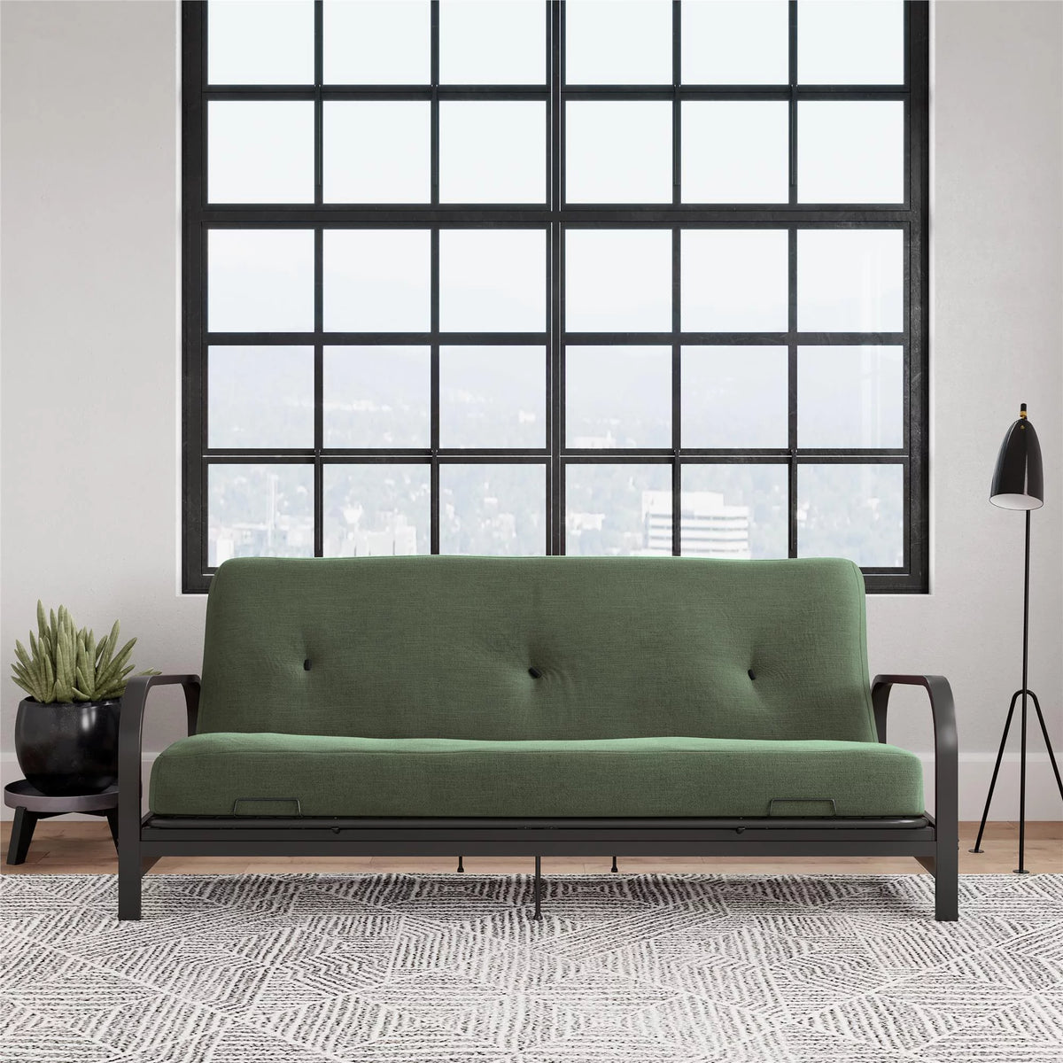 Army Green Full Size Futon Set with Black Metal Sofa Bed Frame and 6" Mattress S9438