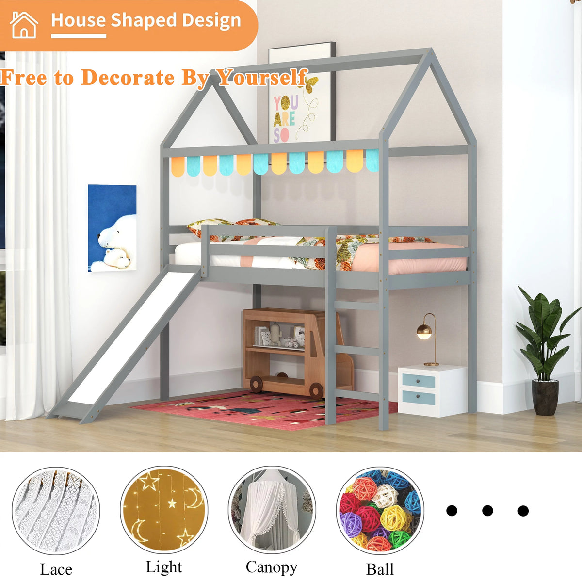 Twin Wood Loft Bed with Slide and Ladder S56243