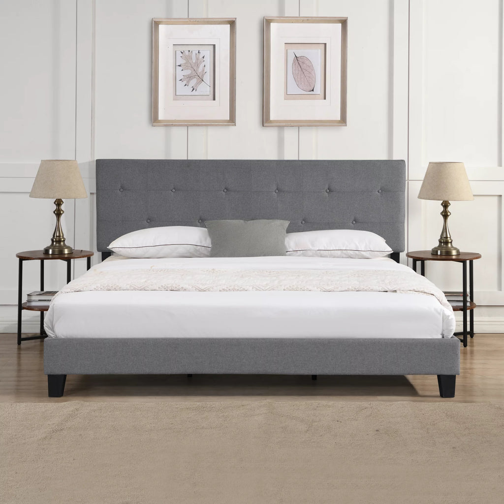 King Size Upholstered Platform Bed Frame with Linen Headboard A1006