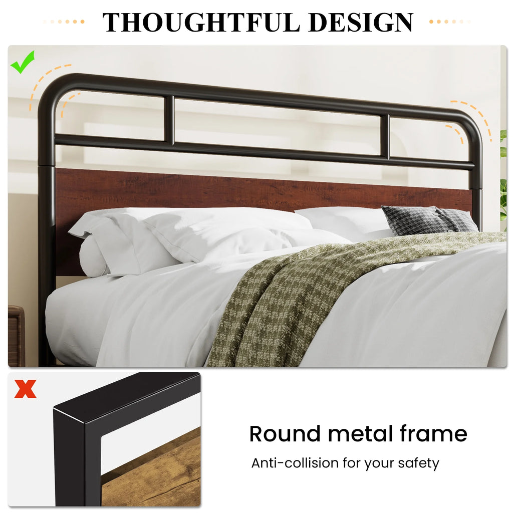 Dark Brown Queen Size Metal Platform Bed Frame with Wooden Headboard D5029