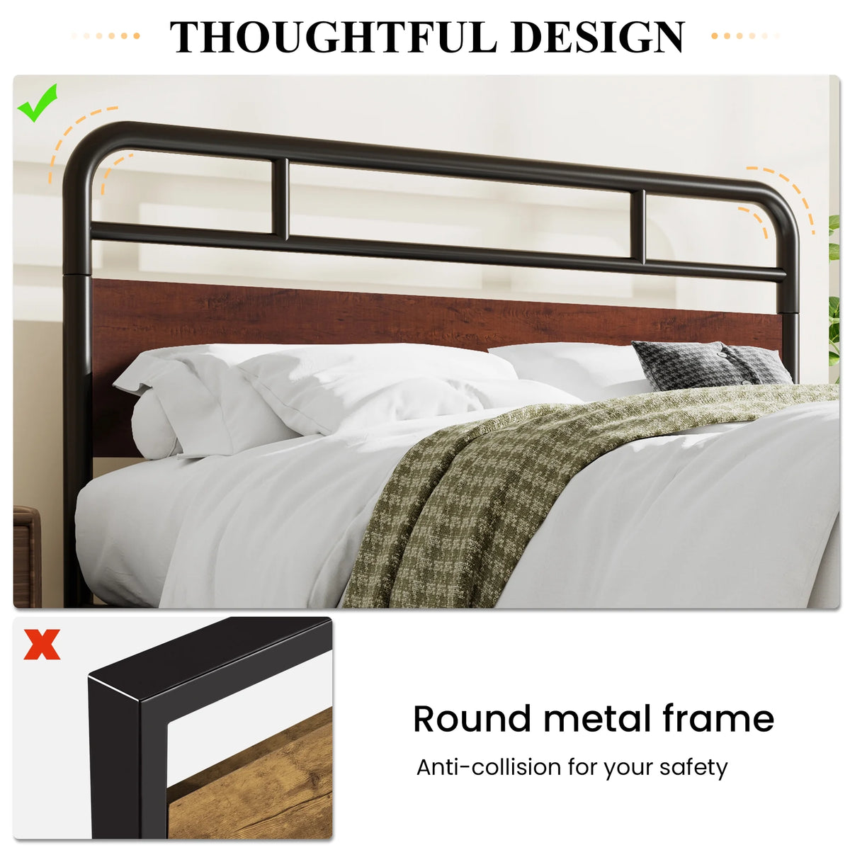 Dark Brown Queen Size Metal Platform Bed Frame with Wooden Headboard D5029