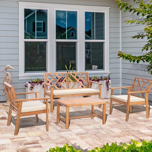3 Piece Acacia Wood Outdoor Patio Furniture Set with Cushion Chairs and Coffee Table G88618