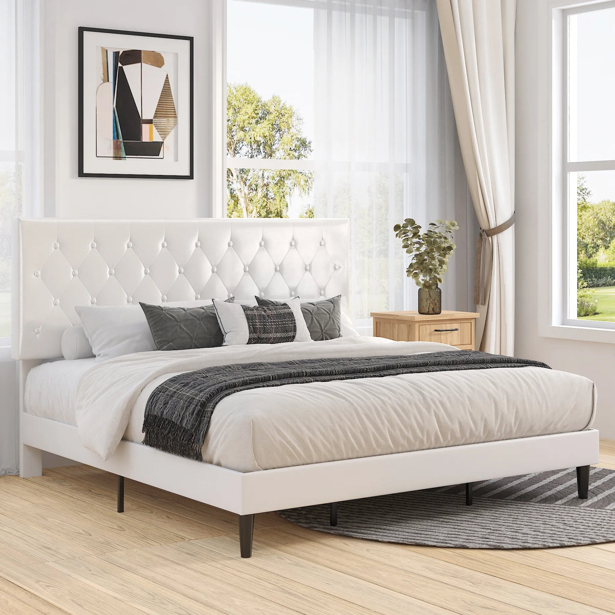 Black Queen Size Platform Bed Frame with Adjustable Tufted Headboard S675003