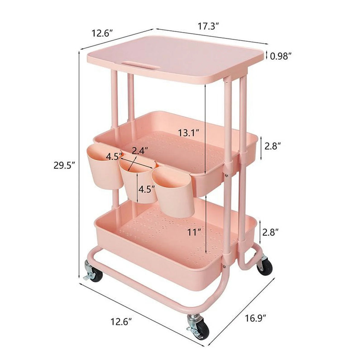 2-Tier Storage Trolley Rolling Cart Organizer with Table Top Pink Q2729