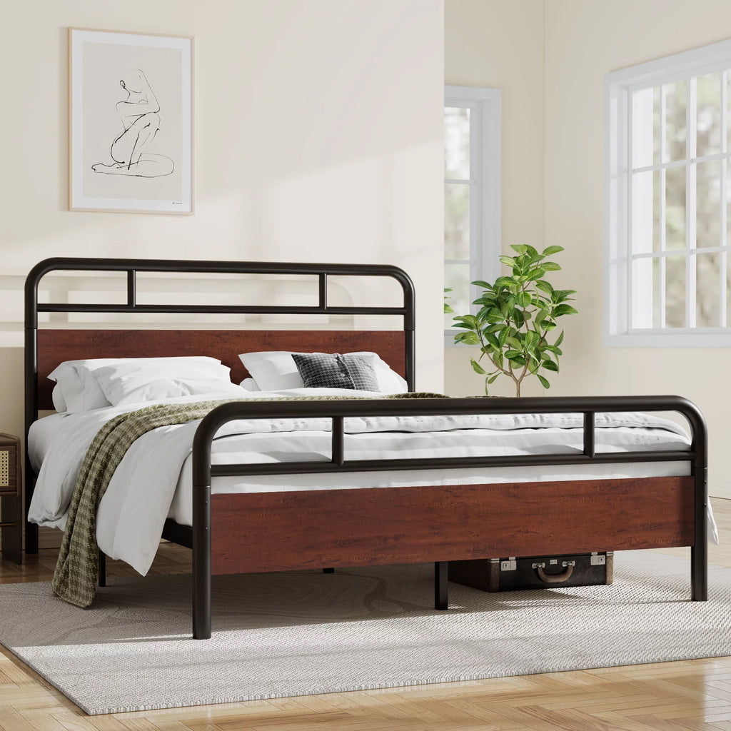 Dark Brown Queen Size Metal Platform Bed Frame with Wooden Headboard D5029
