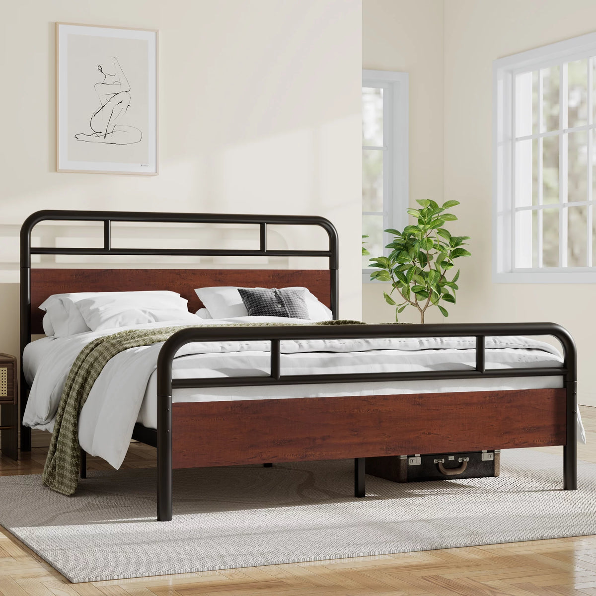 Dark Brown Queen Size Metal Platform Bed Frame with Wooden Headboard D5029