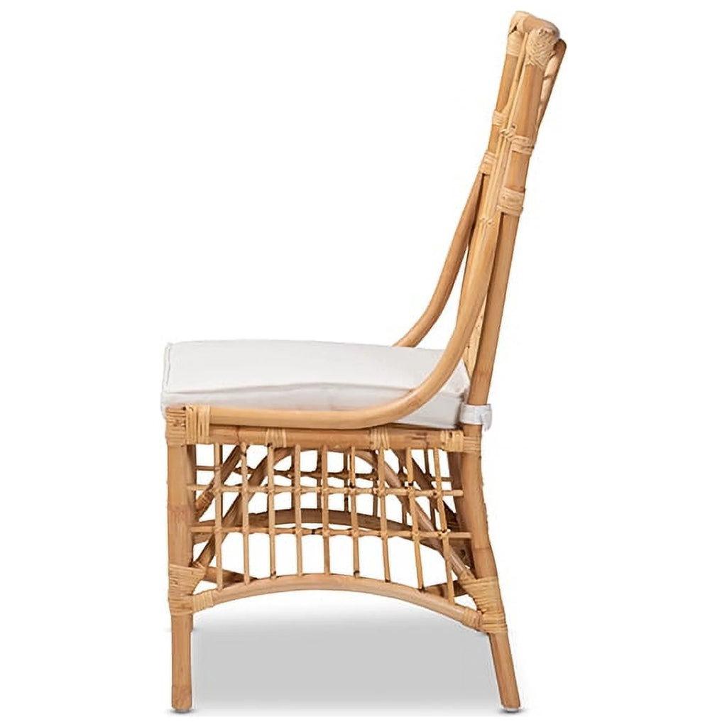 White Fabric Upholstered Natural Brown Rattan Dining Chair W291