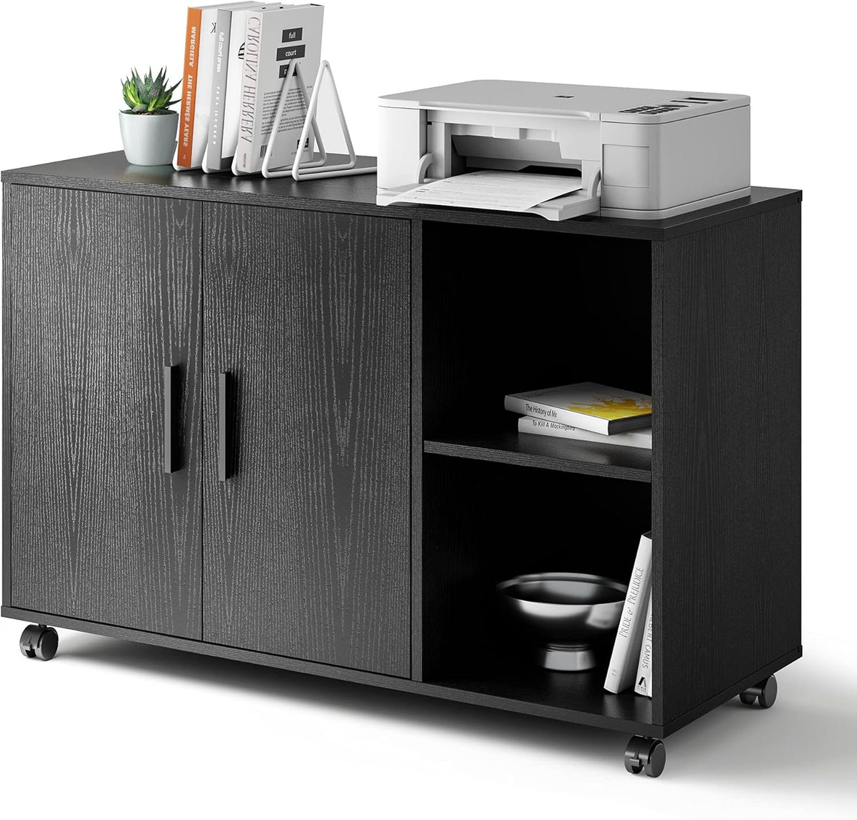 Black Wood Rolling File Cabinet with Dual Doors C245