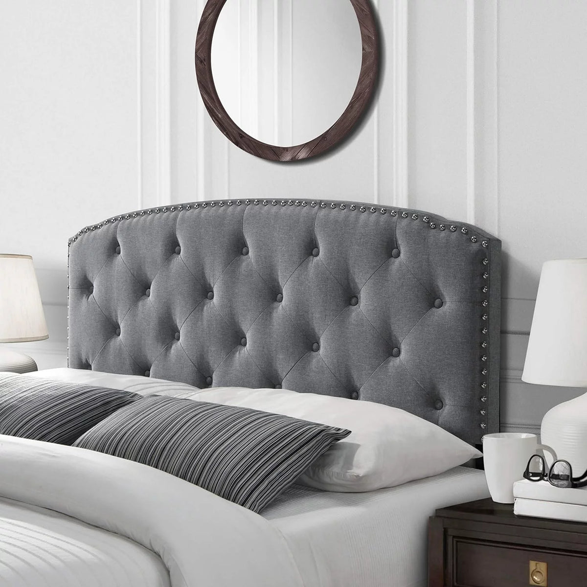 Queen Size Grey Polyester Blend Upholstered Headboard P338527