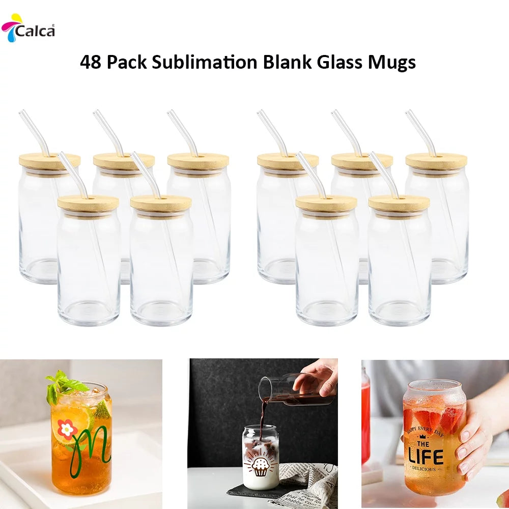 48 Pack 16oz Sublimation Blank Glass Cups with Bamboo Lid and Glass Straw U413402