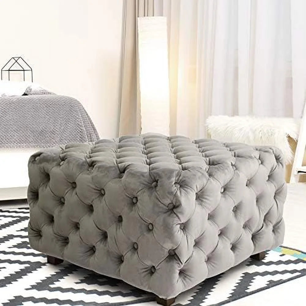 Gray Velvet Tufted Ottoman A162
