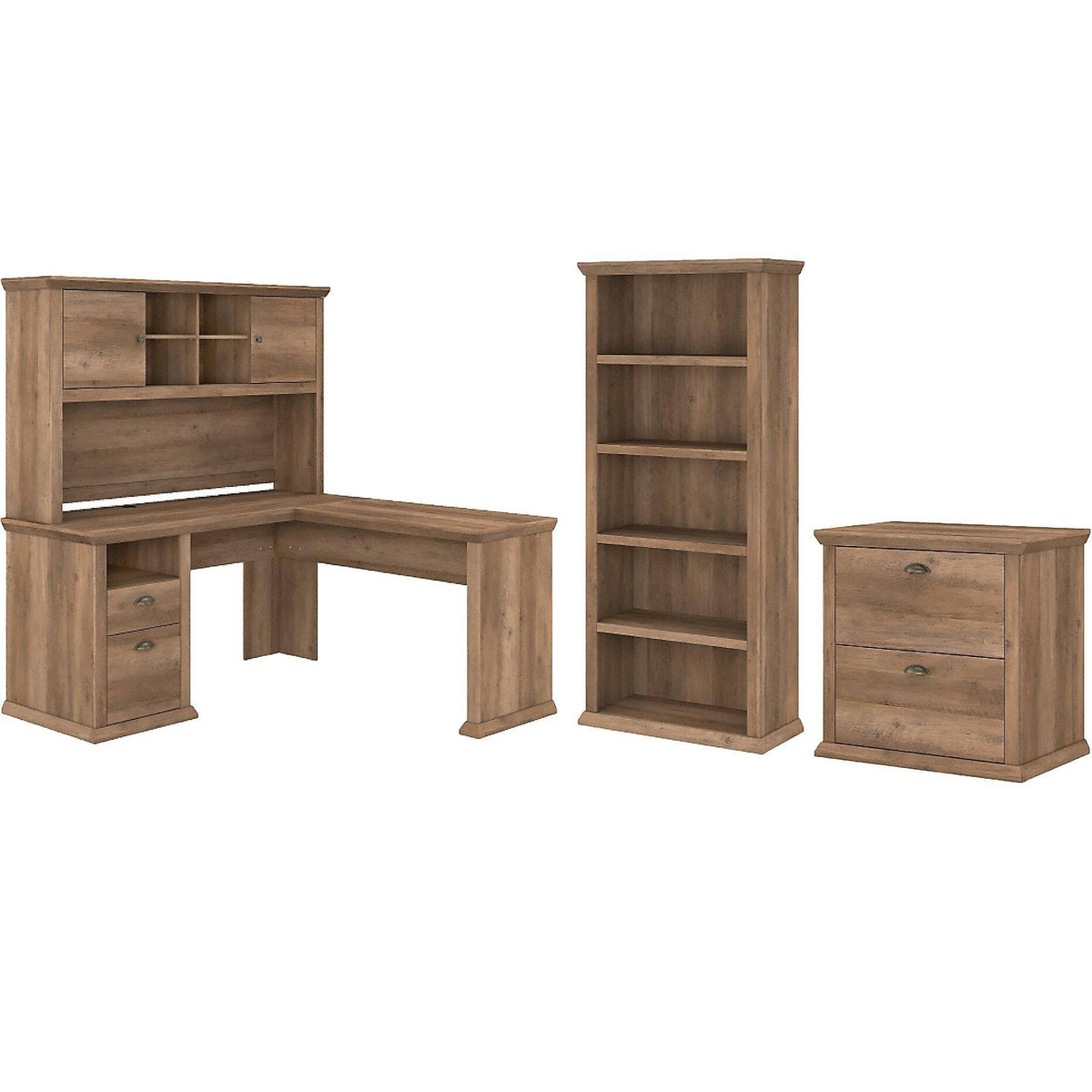 L Shaped Desk with Hutch, File Cabinet and 5 Shelf Bookcase O22123