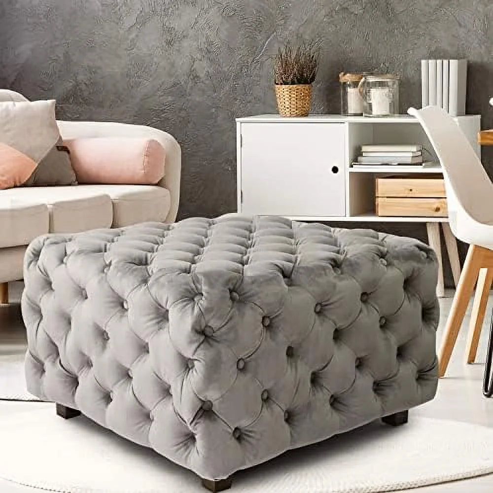 Gray Velvet Tufted Ottoman A162