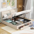 Queen Size Upholstered Wood Platform Bed with Storage and 2 Drawers J391