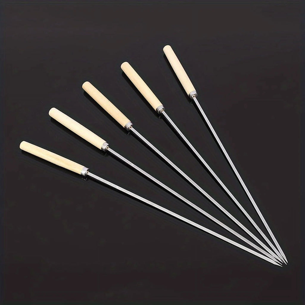 10pcs Stainless Steel Barbecue Skewers with Wooden Handle 13 Inches J74666