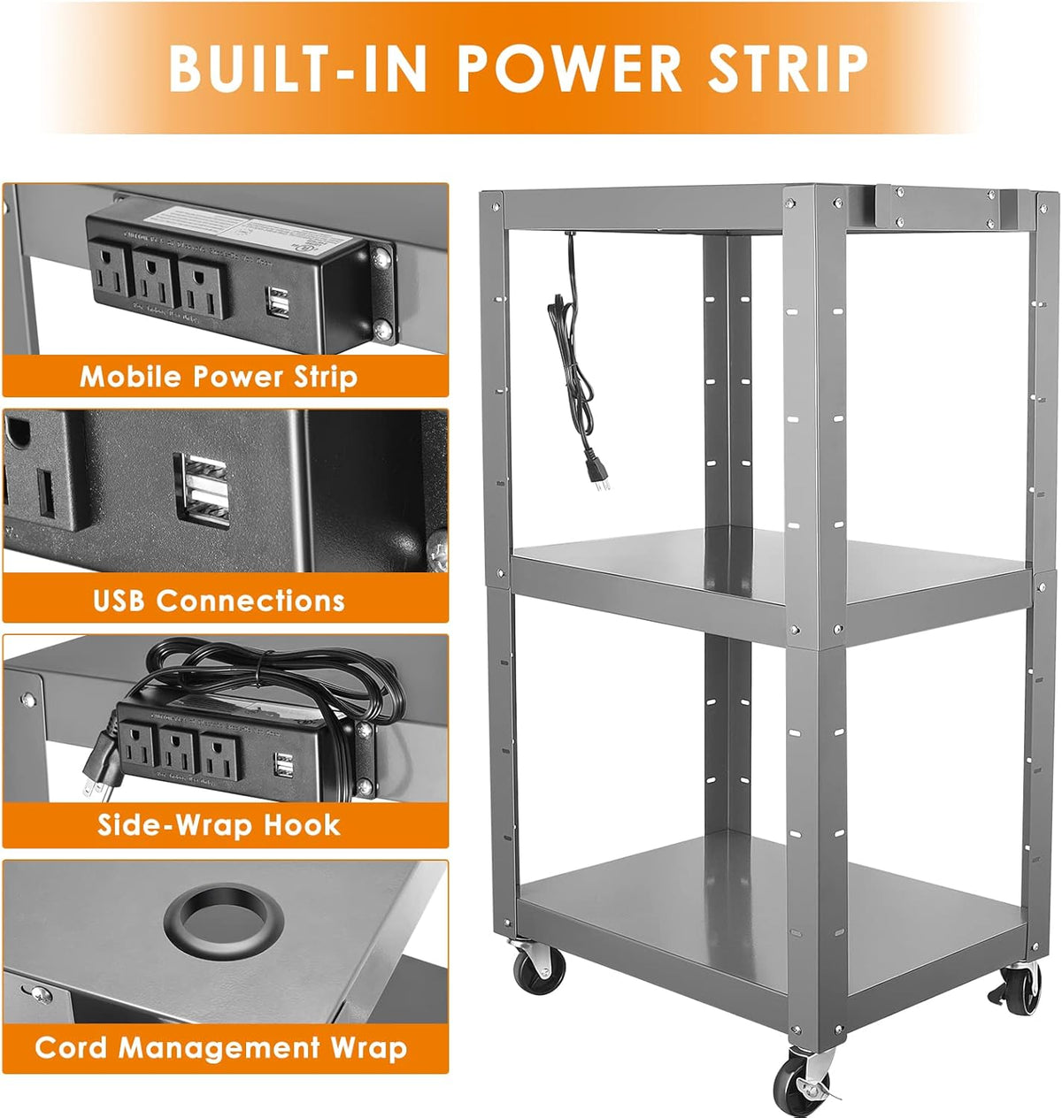 Steel Height Adjustable Media Cart with Outlets U438018