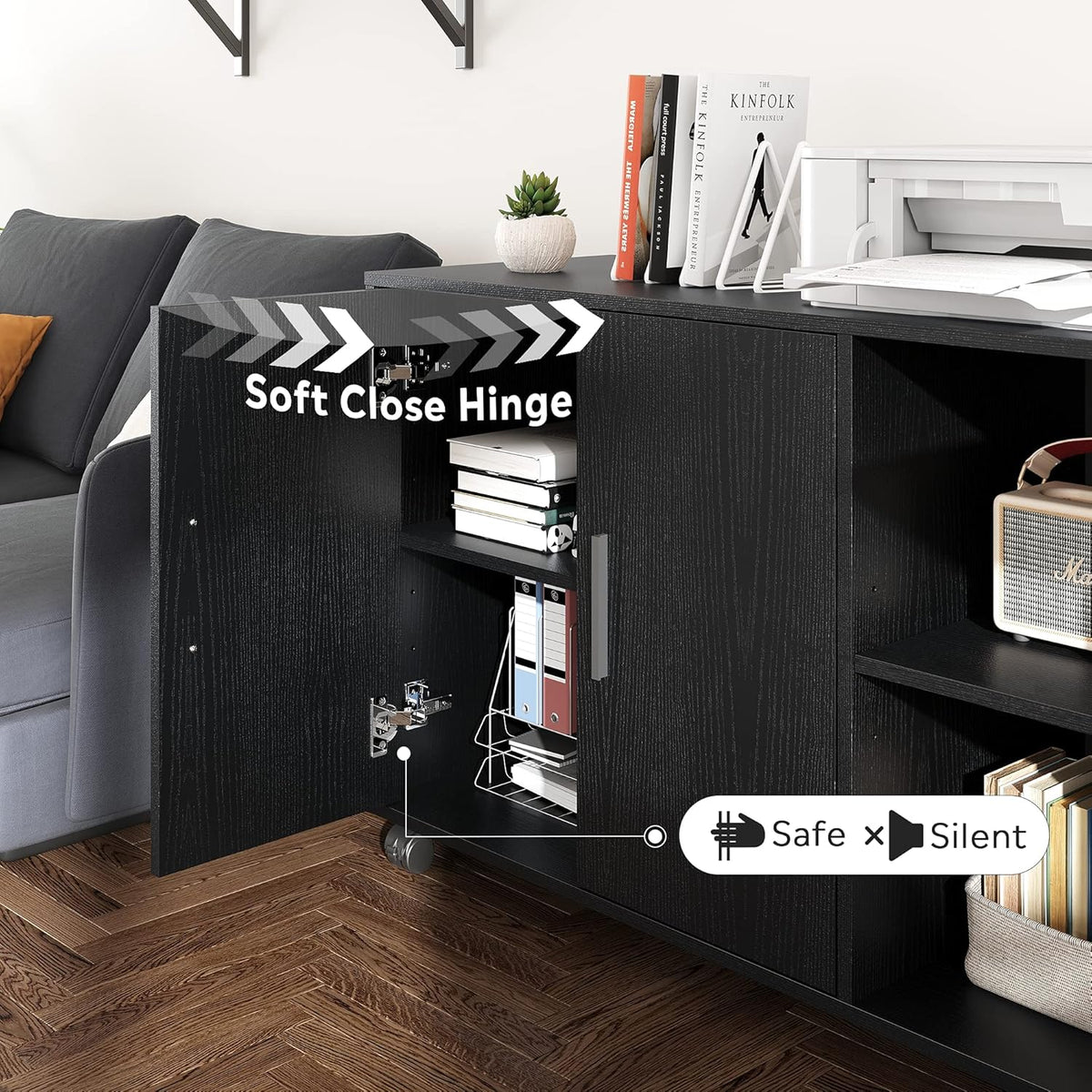 Black Wood Rolling File Cabinet with Dual Doors C245