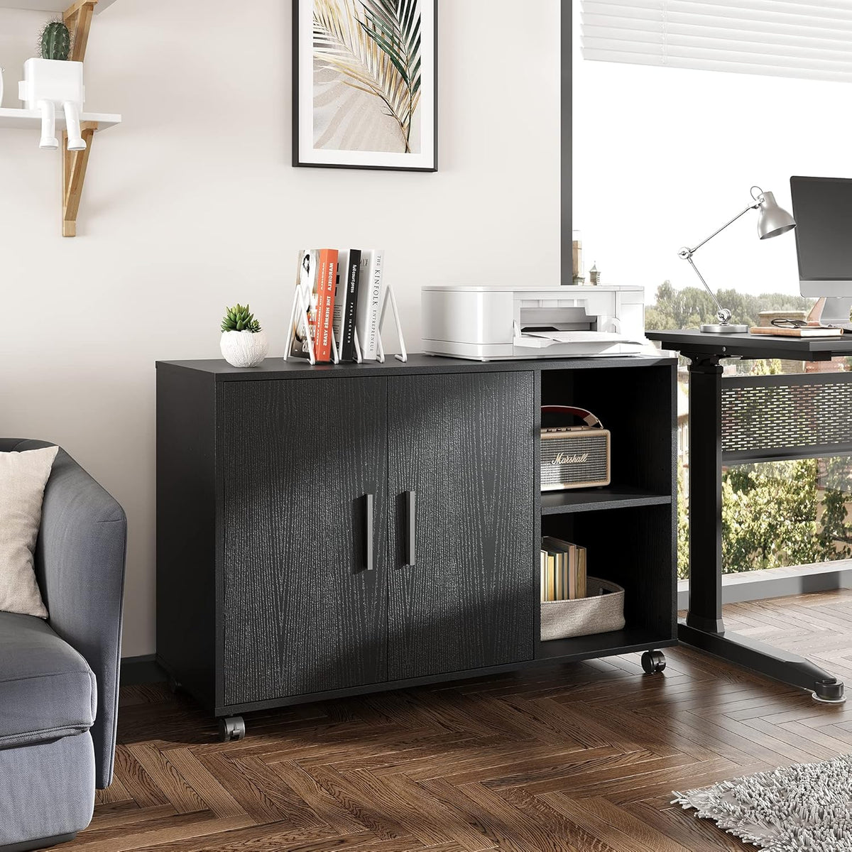 Black Wood Rolling File Cabinet with Dual Doors C245