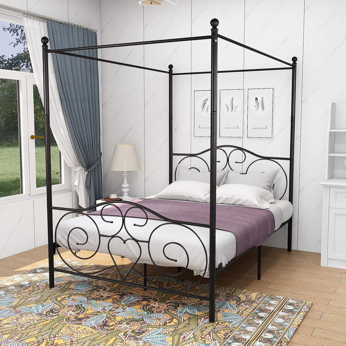 Queen Size Black Metal Canopy Bed Frame with Headboard and Footboard P620002
