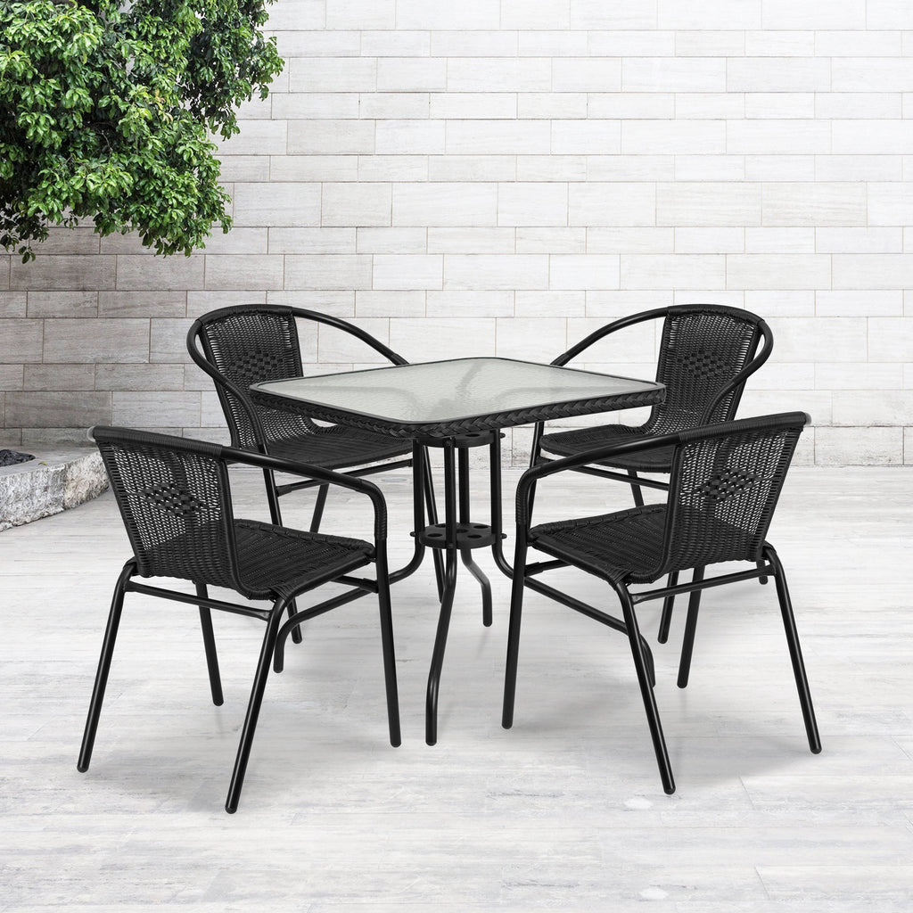 28'' Square Glass Metal Table with Black Rattan Edging N757