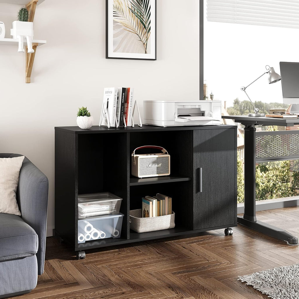 Black Wood Rolling File Cabinet with Dual Doors C245