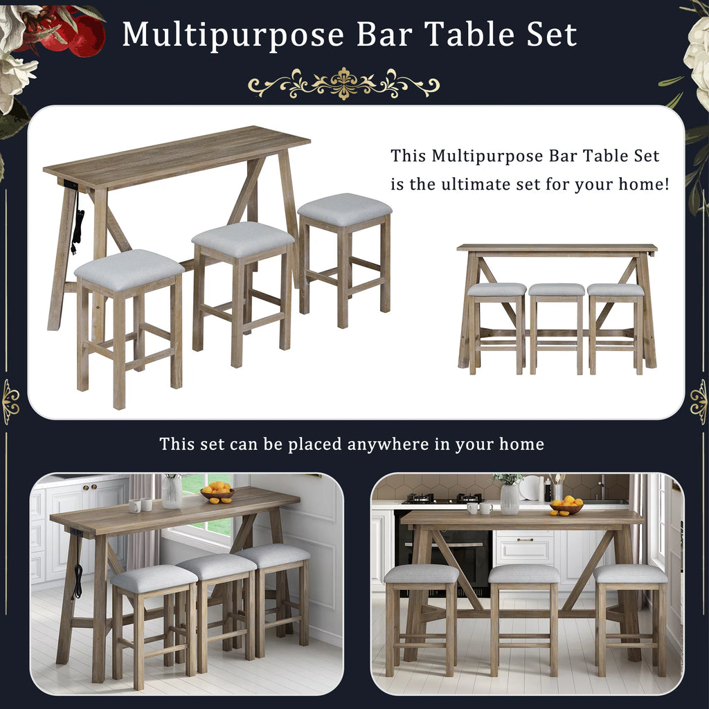 Natural Wood Wash Dining Bar Table Set with 3 Upholstered Stools Z717