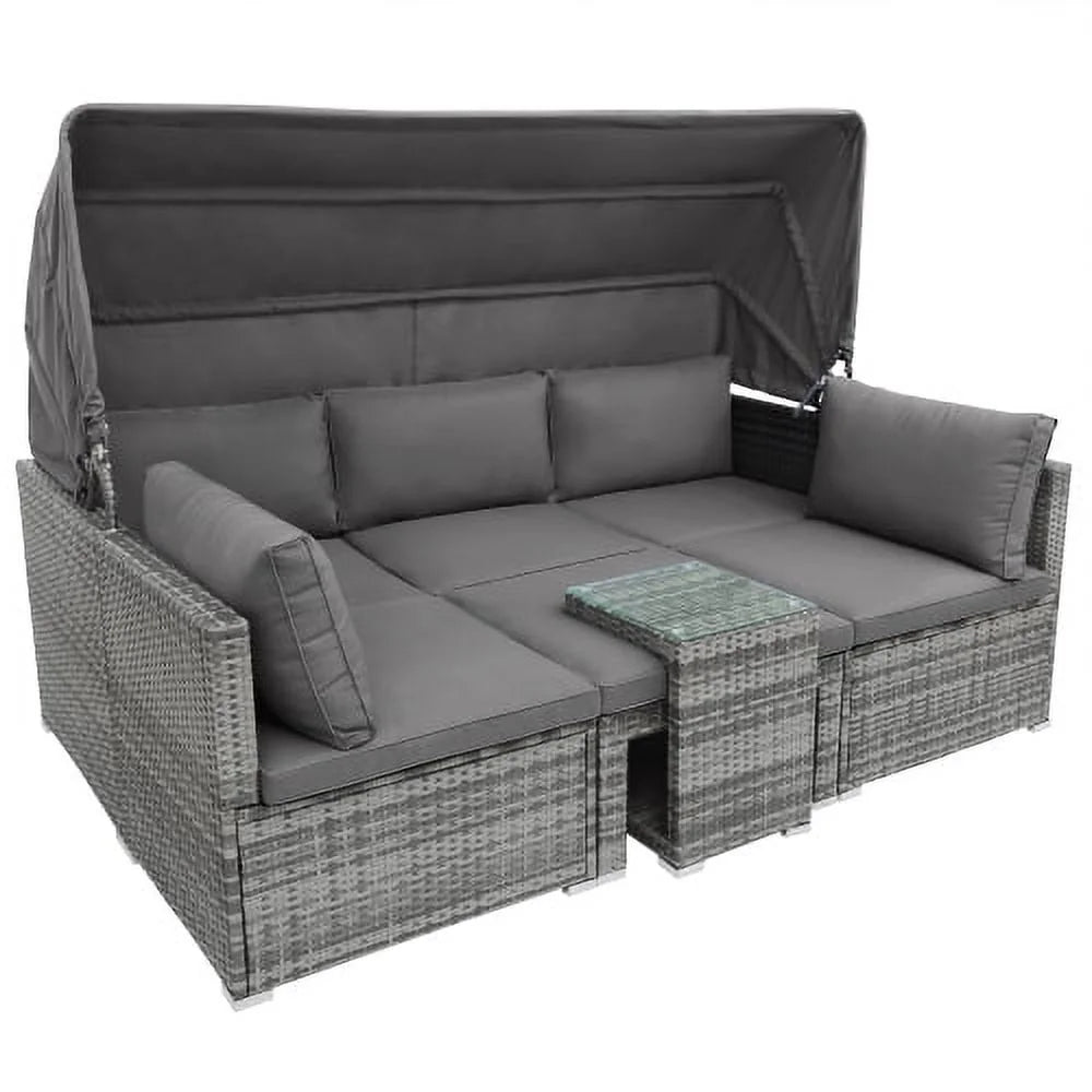 5 Pieces Wicker Patio Conversation Set with Canopy and Glass Side Table Z962