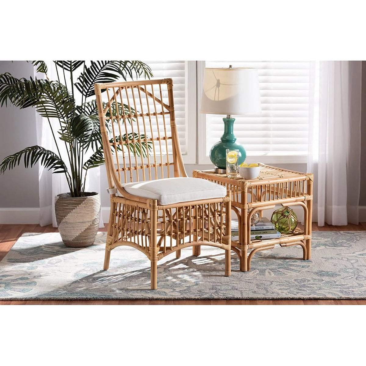 White Fabric Upholstered Natural Brown Rattan Dining Chair W291