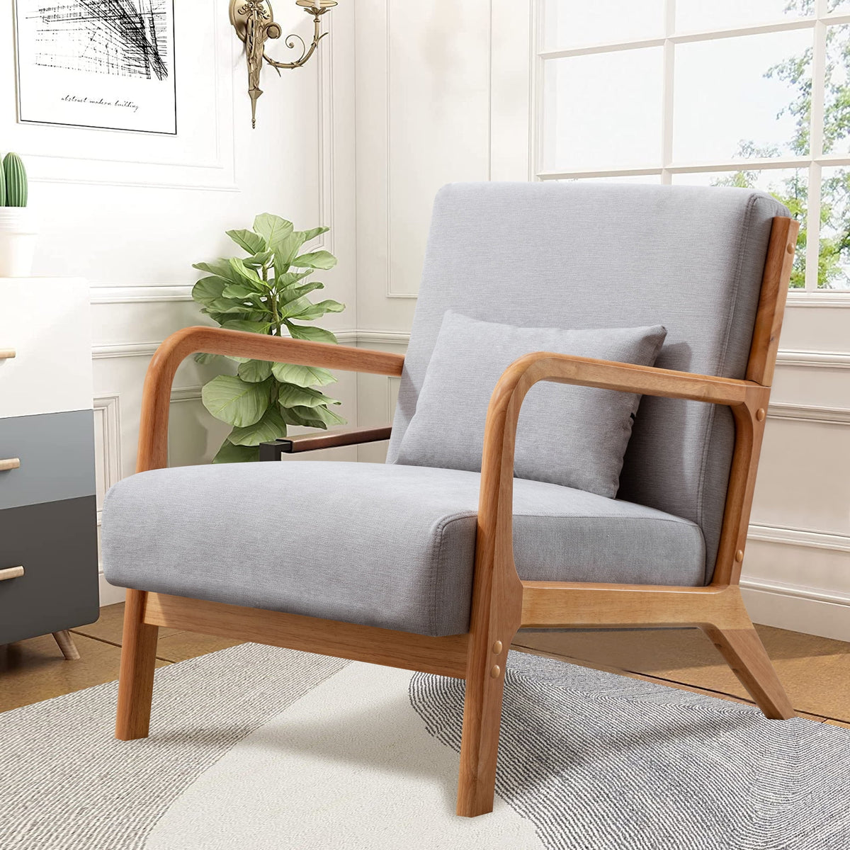 Beige Fabric Accent Armchair with Wood Frame F473