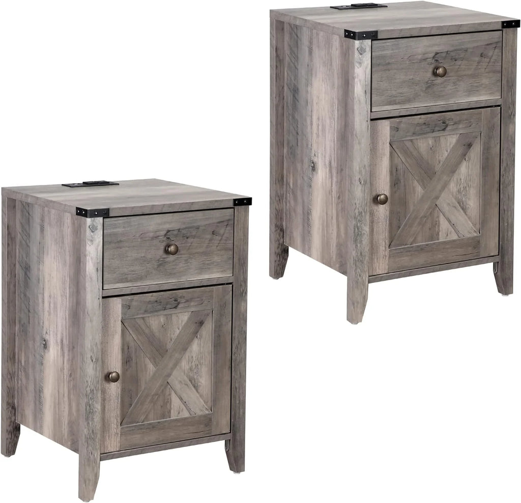 Rustic Farmhouse Nightstand with Charging Station and Drawers 2 Pack H357