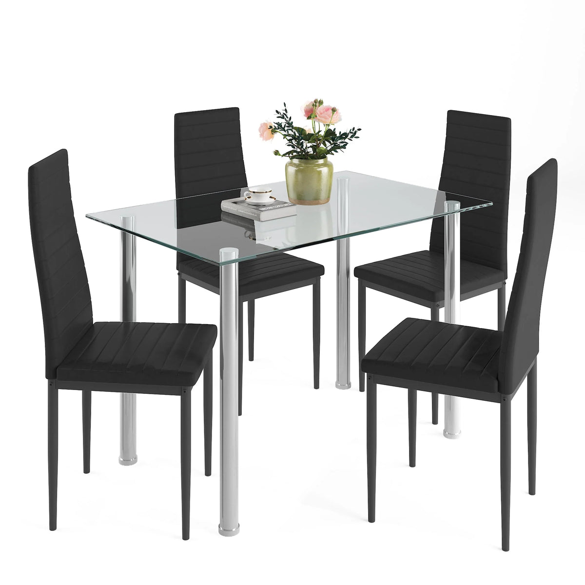 White 5 Pieces Tempered Glass Dining Table Set with 4 Chairs B62238
