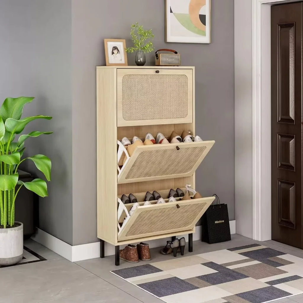 3 Flip Drawer Rattan Shoe Cabinet with Adjustable Shelves K76118