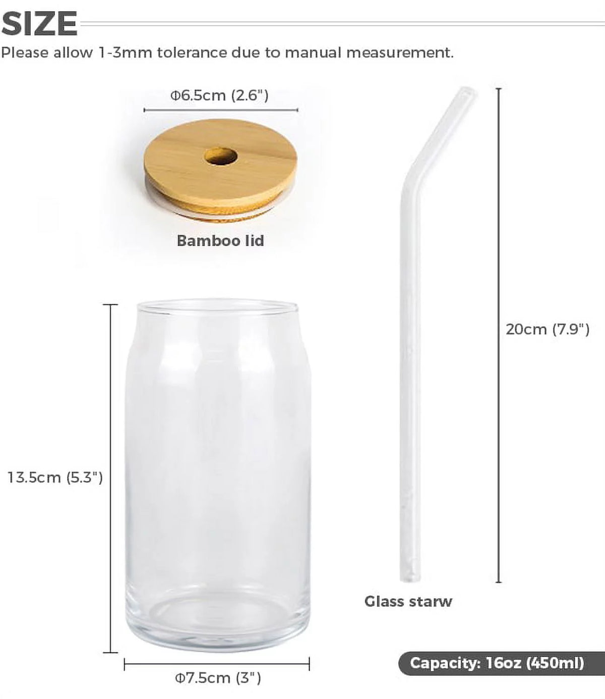 48 Pack 16oz Sublimation Blank Glass Cups with Bamboo Lid and Glass Straw U413402