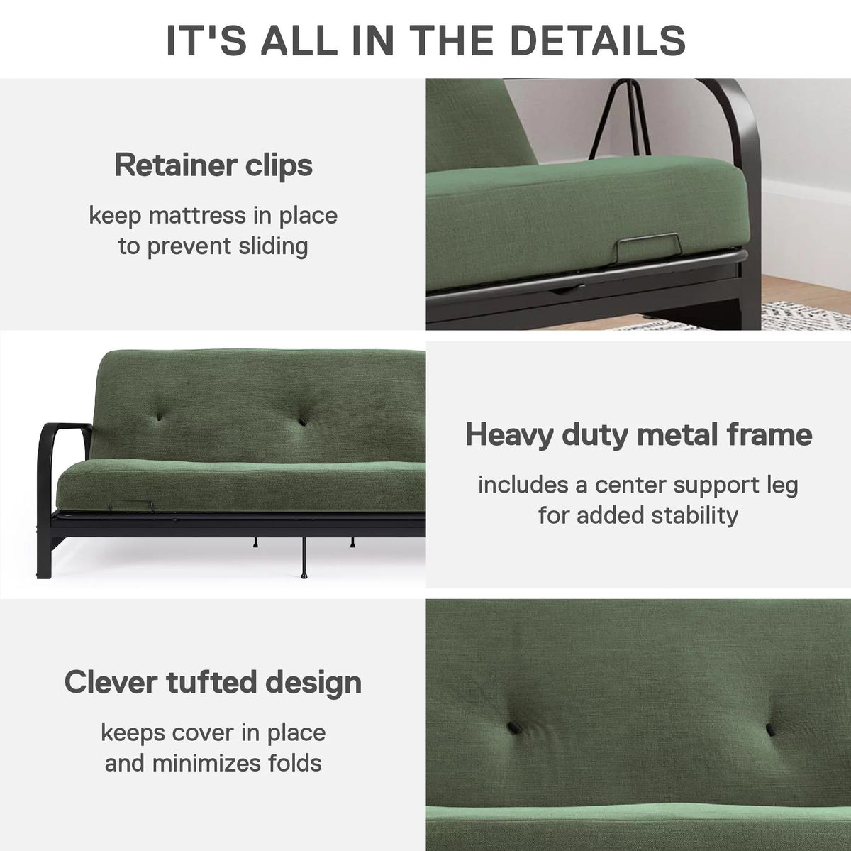 Army Green Full Size Futon Set with Black Metal Sofa Bed Frame and 6" Mattress S9438