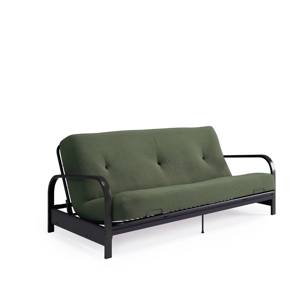 Army Green Full Size Futon Set with Black Metal Sofa Bed Frame and 6" Mattress S9438
