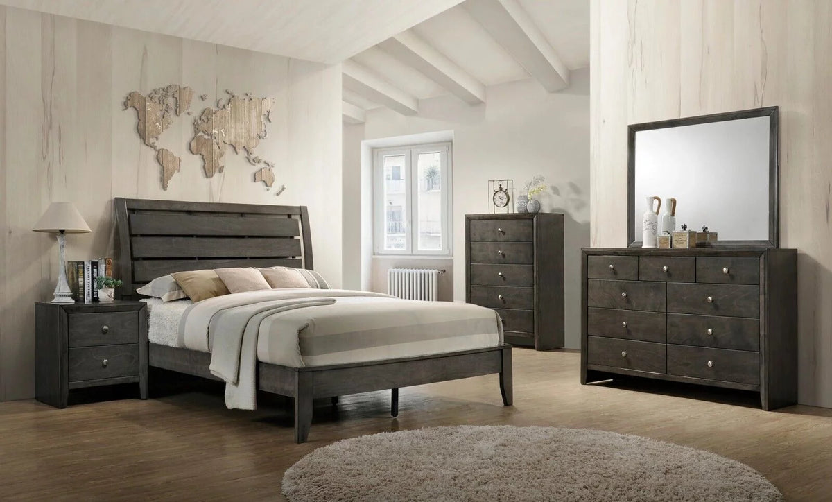Gray 5pc Wood Bedroom Set with Dresser Mirror Nightstands O3724
