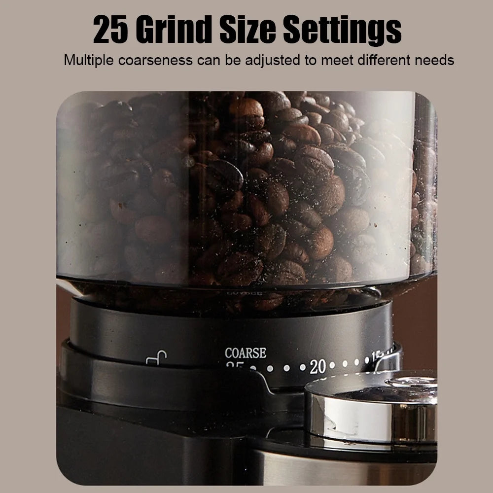 Black Adjustable Electric Burr Coffee Grinder with 25 Grind Settings O62866