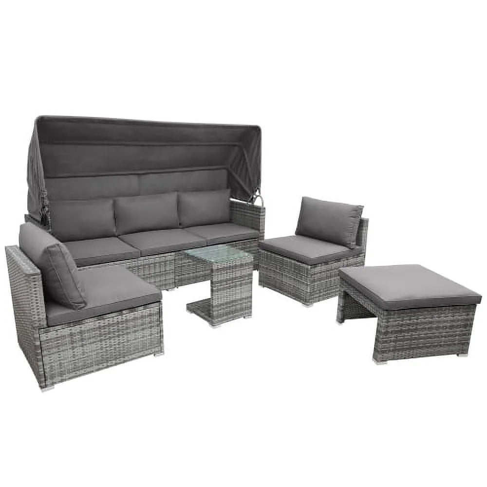 5 Pieces Wicker Patio Conversation Set with Canopy and Glass Side Table Z962
