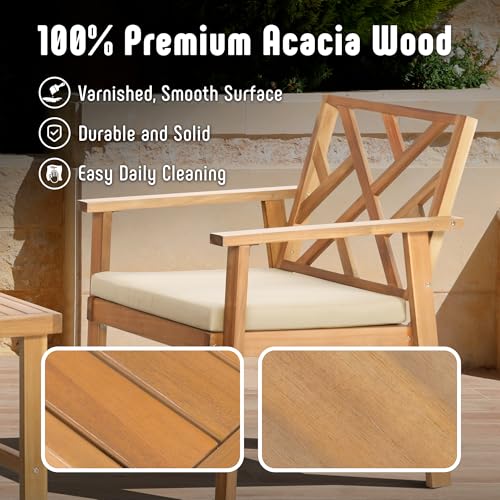 3 Piece Acacia Wood Outdoor Patio Furniture Set with Cushion Chairs and Coffee Table G88618