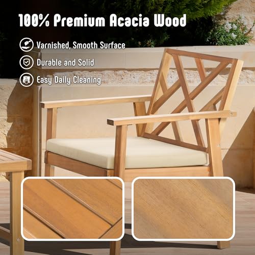 3 Piece Acacia Wood Outdoor Patio Furniture Set with Cushion Chairs and Coffee Table G88618