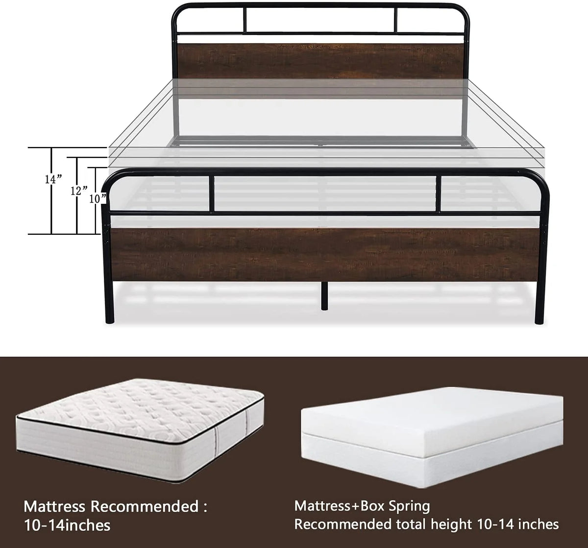 Dark Brown Queen Size Metal Platform Bed Frame with Wooden Headboard D5029
