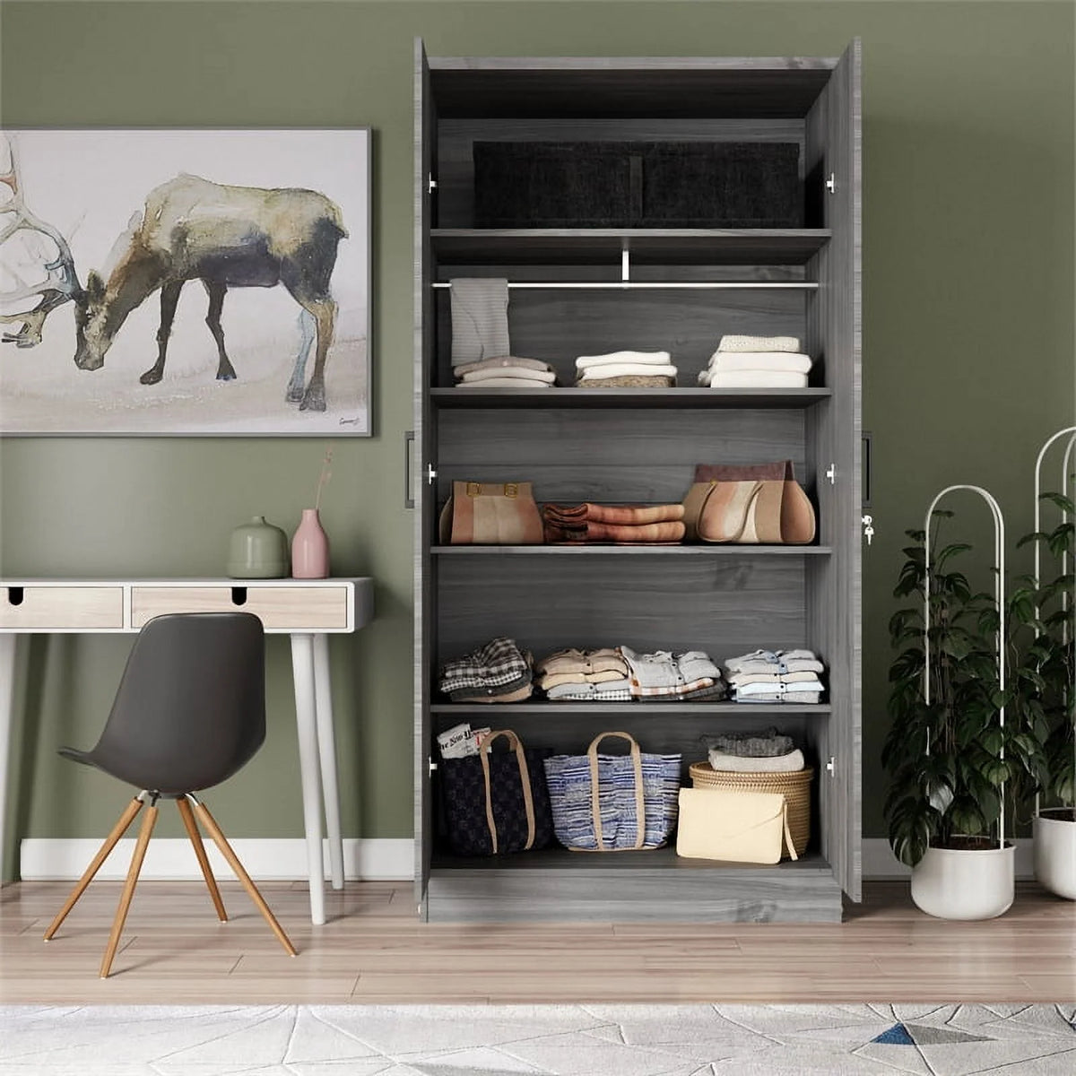 Gray Two Door Armoire Wardrobe with Mirror W76492