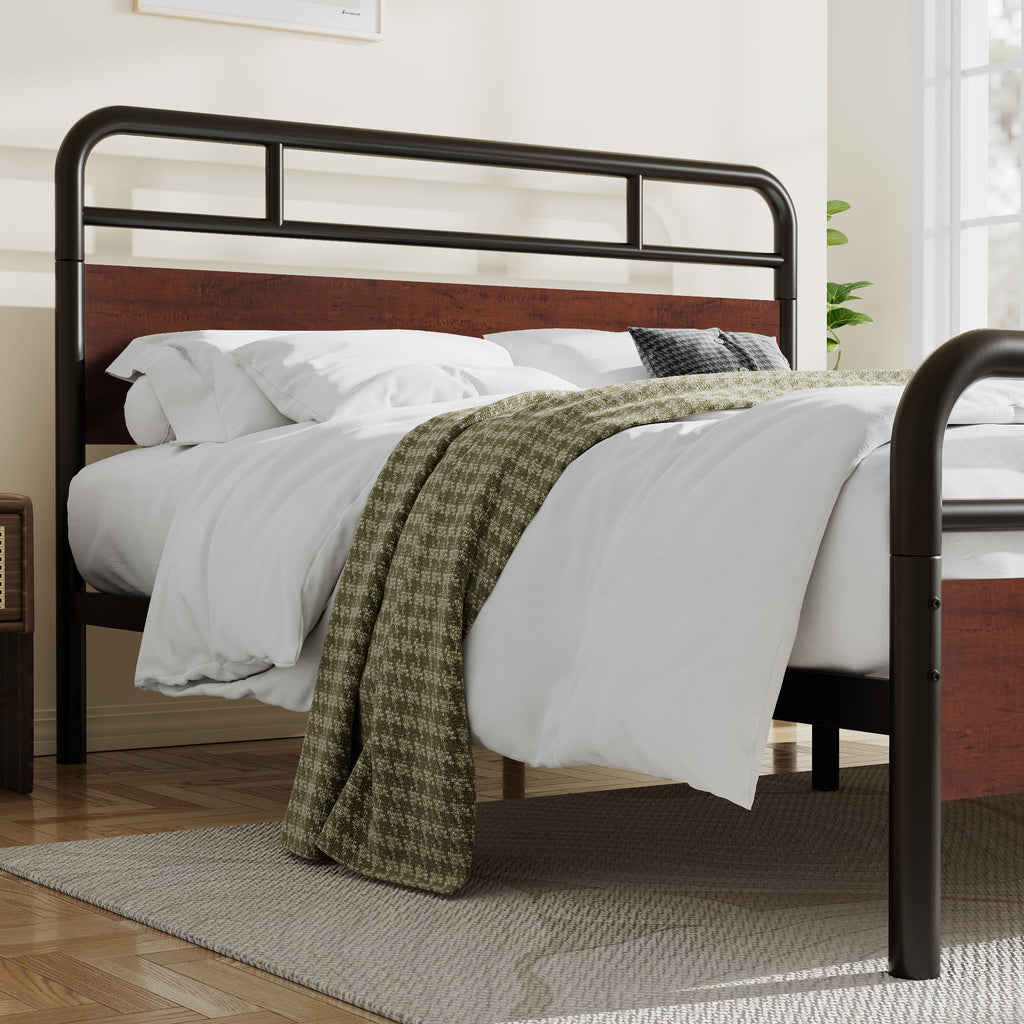 Dark Brown Queen Size Metal Platform Bed Frame with Wooden Headboard D5029
