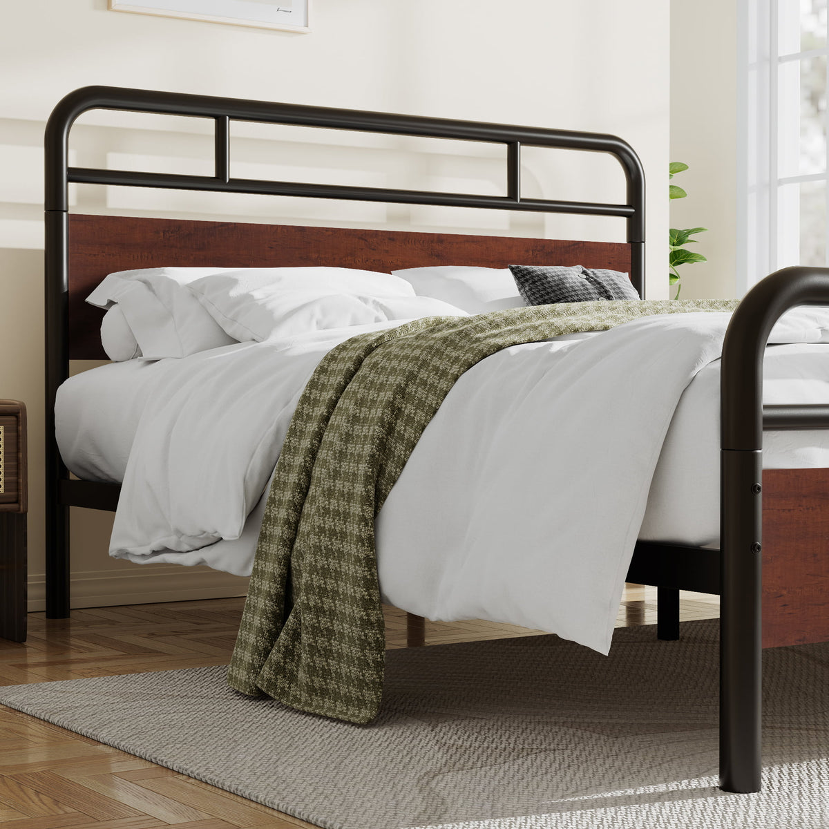 Dark Brown Queen Size Metal Platform Bed Frame with Wooden Headboard D5029